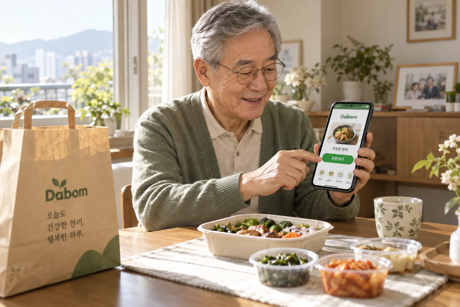An older adult using Dabom to prepare a meal delivery