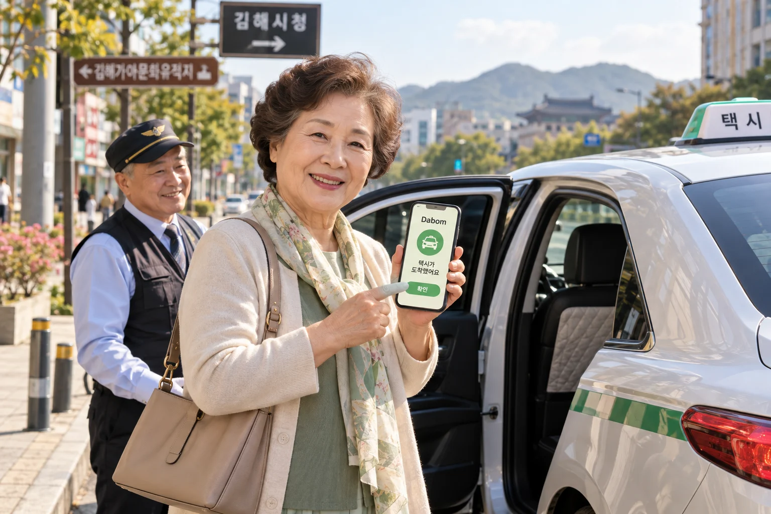 An older adult reviewing Dabom before getting into a taxi